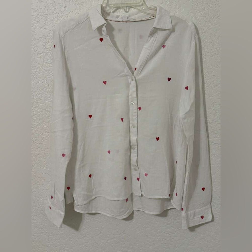 Jane and Delancey White Button Down Shirt with Red Hearts